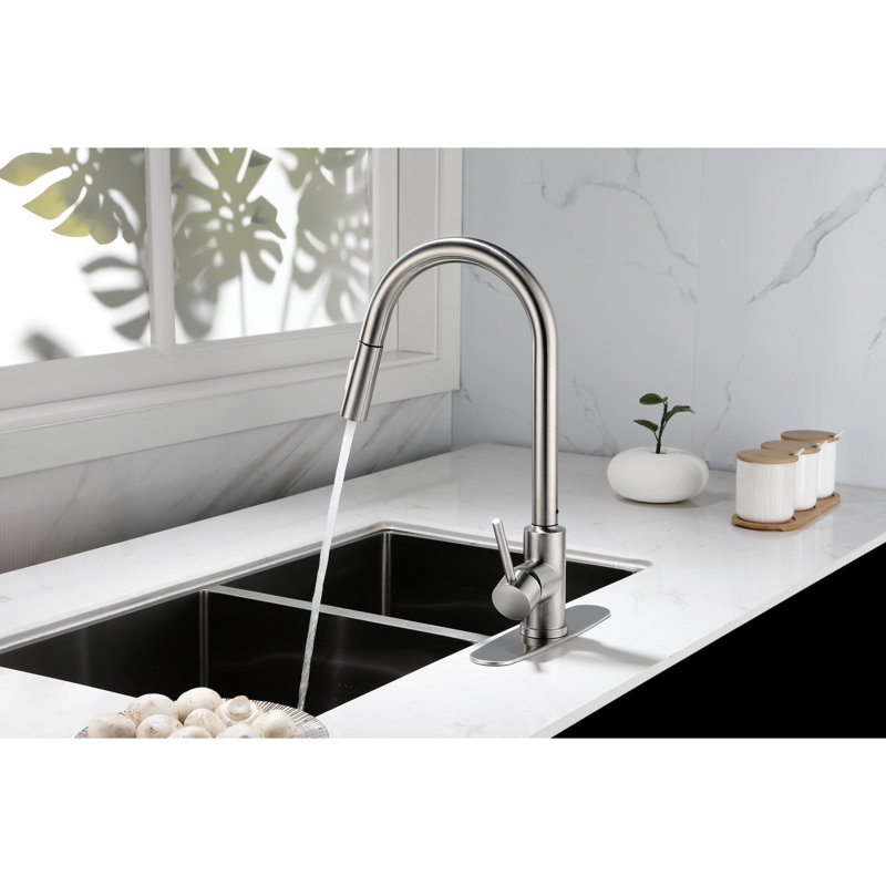 Pull Down Kitchen Faucet In Brushed Nickel - Stainless Steel, 360 Rotating Nozzle For Versatile Water Delivery, Single Handle Easy Temperature And Flow Control, Rust Treatment With Pull-Down Spray