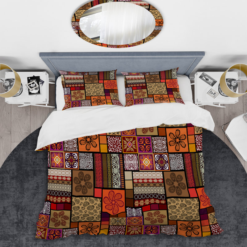 Ensemble de housse de couette à motifs orange Mega Patchwork, Housse de couette simple + 1 taie décorative stan