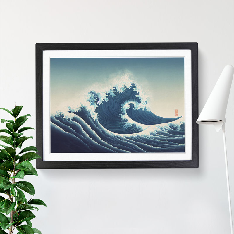 XH1022-4454X Graceful Japanese Wave - Single Picture Frame Print, Black Framed, 46cm H x 64cm W x 2cm D