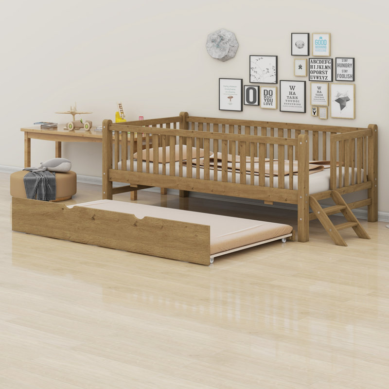 Wood Platform Bed With Guardrail And Trundle, Walnut