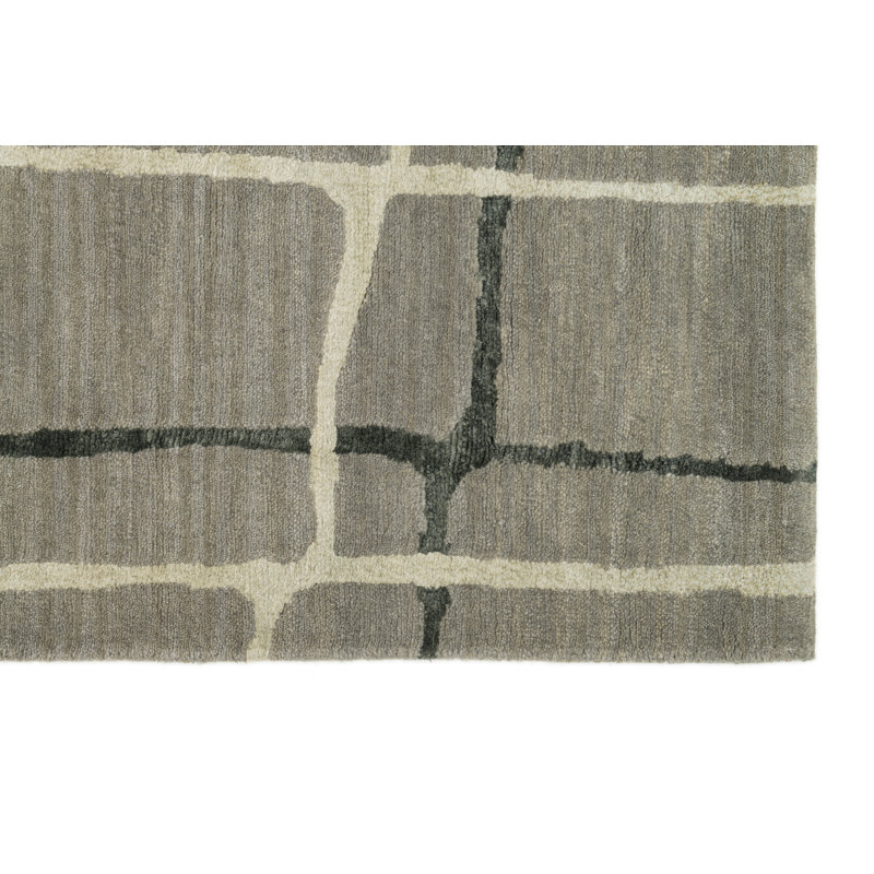 Tapis géométrique noué à la main en argent / noir Hermitage, Rectangle 5 pi 6 po x 8 pi 6 po