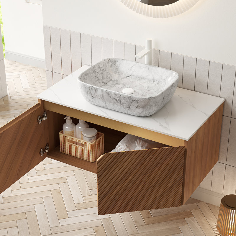 Meuble-lavabo et lavabo 36 po, armoire de rangement en contreplaqué flottant, portes doubles en sergé avec garniture en métal, vasque en céramique à motif marbré et plateau en pierre frittée blanc de Carrare, couleur grain de bois de chêne Corolla