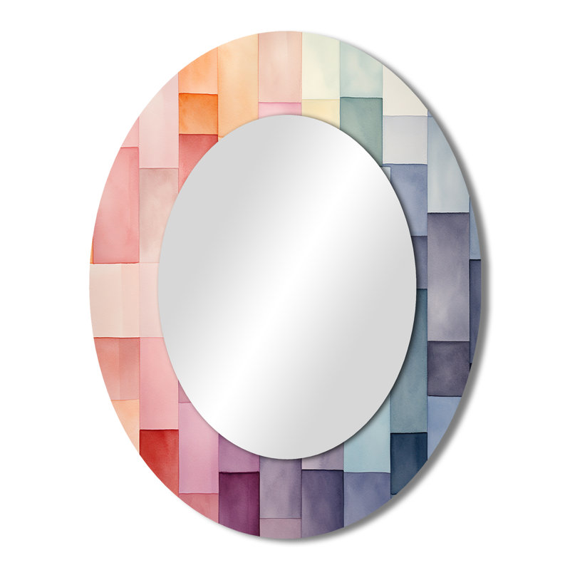 Multicolore cubes motifs III - Miroir décoratif abstrait ovale sur métal, H 43 po x l 33 po