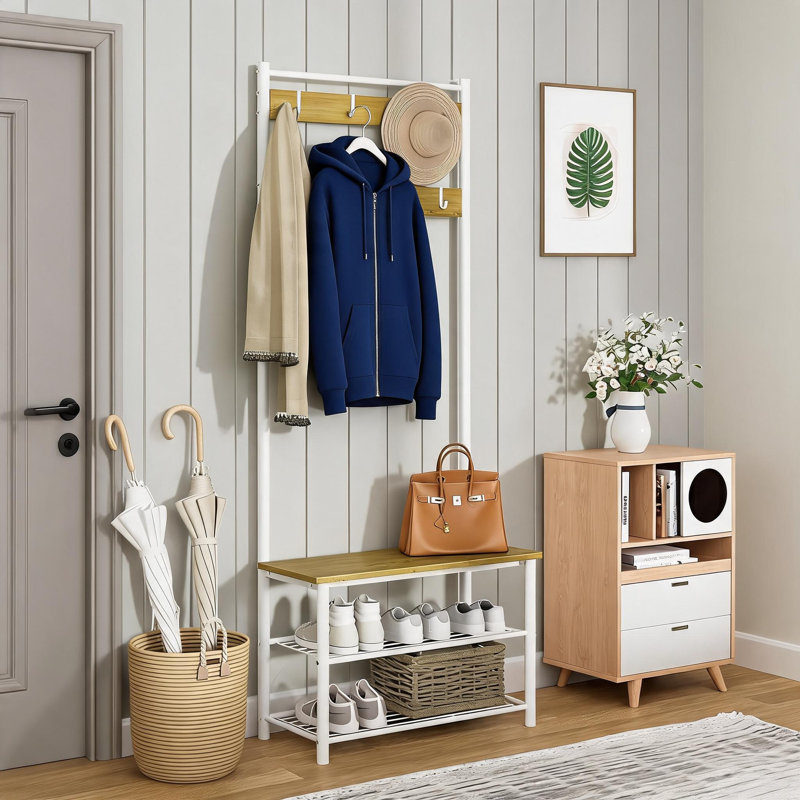 Luxury Metal And Wood Integrated Coat Rack, Including Shoe Bench And Shoe Cabinet, Three Storage Shelves With Nine Detachable Hooks, Available In Two Colors.