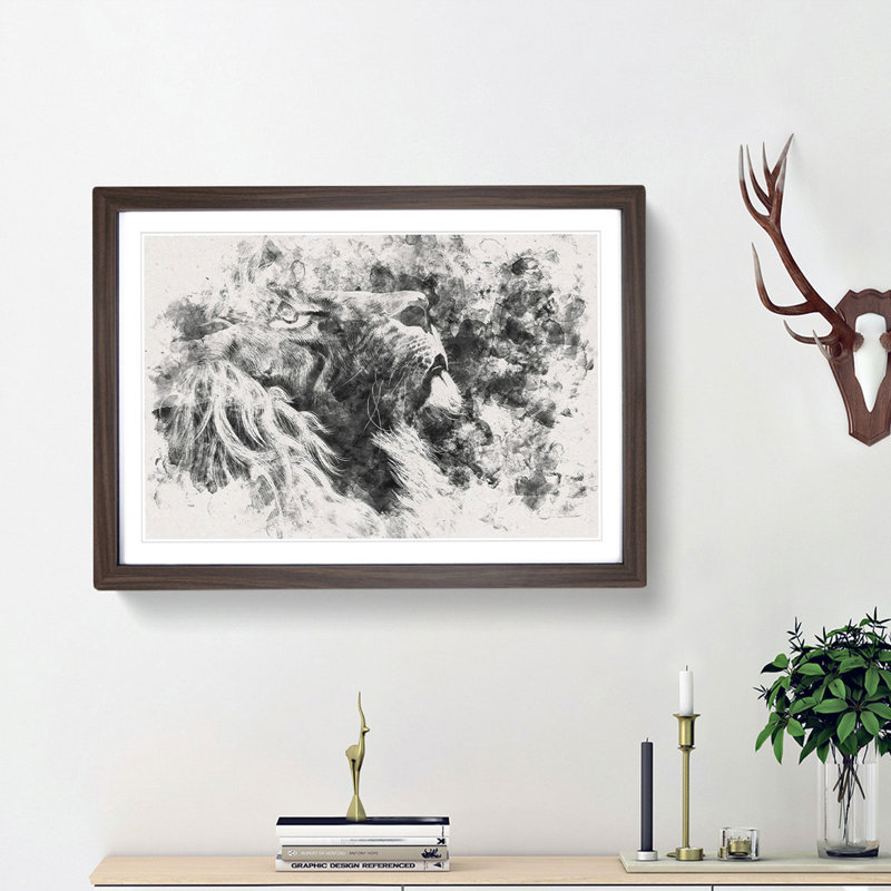 Majestic Lion Illustration Watercolour - Picture Frame Graphic Art Print, Walnut Framed, 62cm H x 87cm W x 2cm D