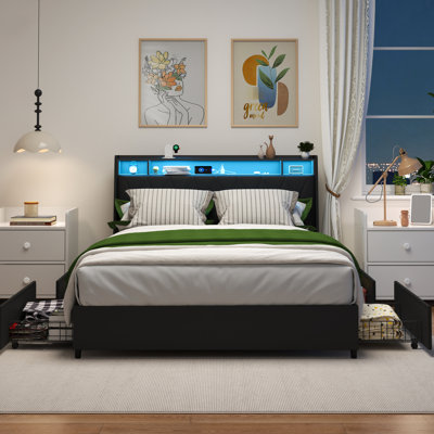 Full Platform Bed Frame With Ergonomic Headboard, Built - In Outlets, , And Storage Noise , , No Box Spring Needed Size Led Lighting, Shelf Long Lasting, Quiet Sleep,
