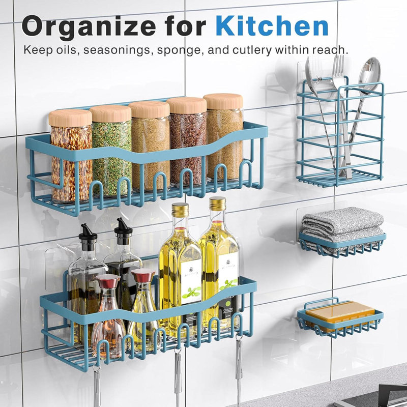Ensemble de 5 boîtes de douche, organisateur de douche adhésif pour rangement dans la salle de bain, décoration intérieure et cuisine, sans perçage, grande capacité, organisateur de salle de bain en acier inoxydable antirouille, tablettes de douche 