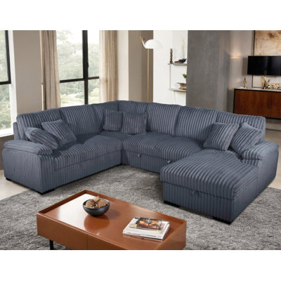 Corduroy U-Shape Sectional With Pull Out Bed & Storage Chaise + 6 Pillows by Latitude Run