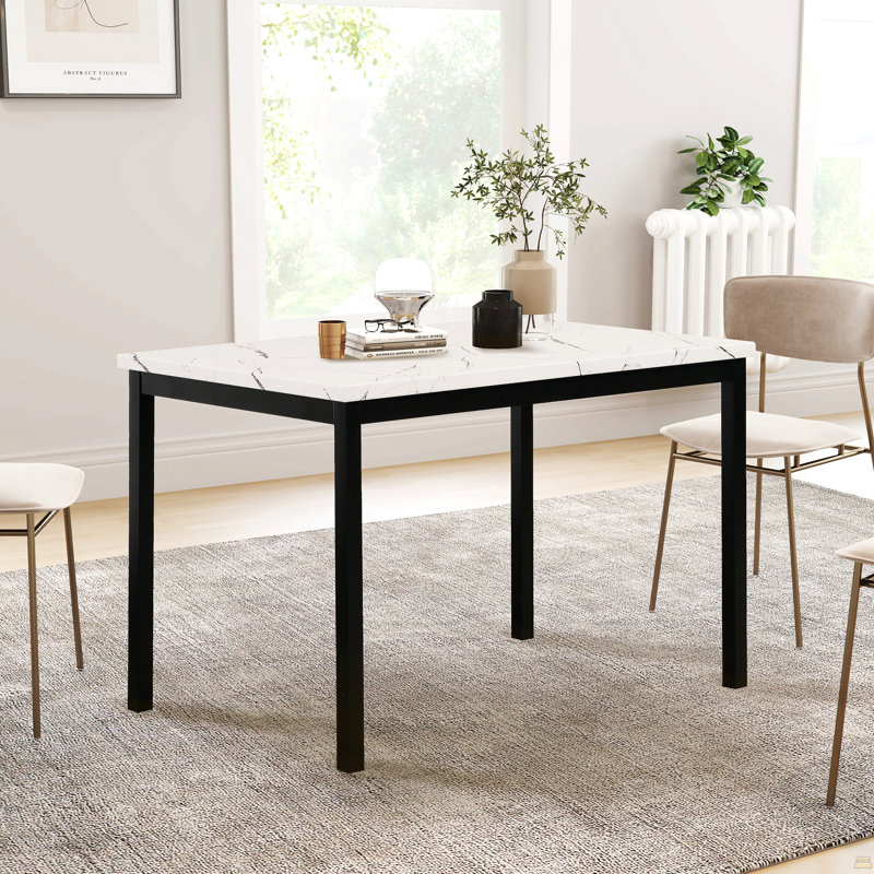 Noyes Metal Dining Table With Laminated Faux Marble Top, Off-White