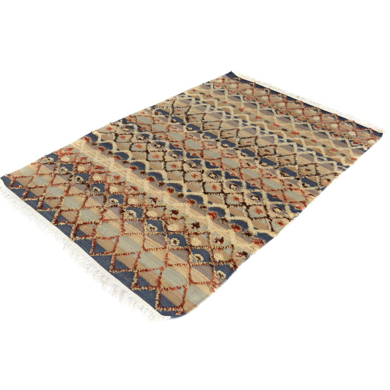 Tapis géométrique noir / brun / beige en laine noué à la main 4 pi 3 po x 6 pi 4 po Geometric