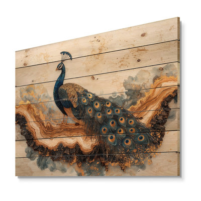 Aquarelle dorée et paysage de paon en bois I - Art mural animal en bois de paon - sur bois de pin naturel
