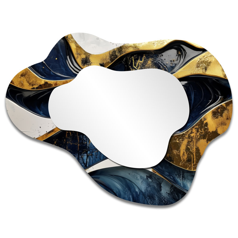 «Hard Edge», bleu et doré, jeu optique en spirale I - peinture à bord rigide, miroir asymétrique irrégulier, miroir mural moderne, imprimé sur métal