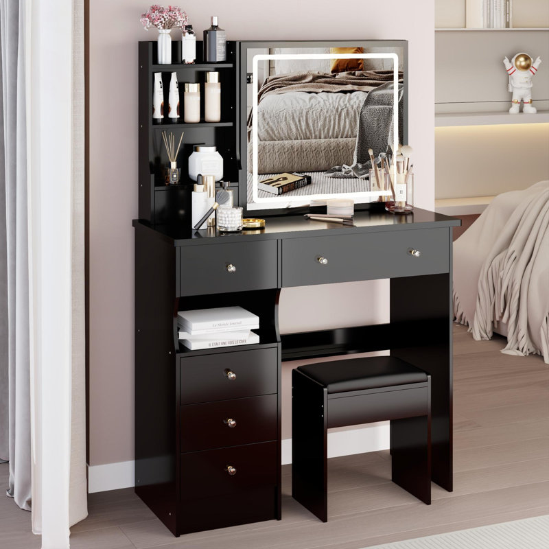37 Inch Left Drawer Vanity Table With Cushioned Stool, 2 AC+2 USB Sockets, Hair Dryer Stand, Large Touch Control LED Sliding Mirror, 3-Color Switch Makeup Set