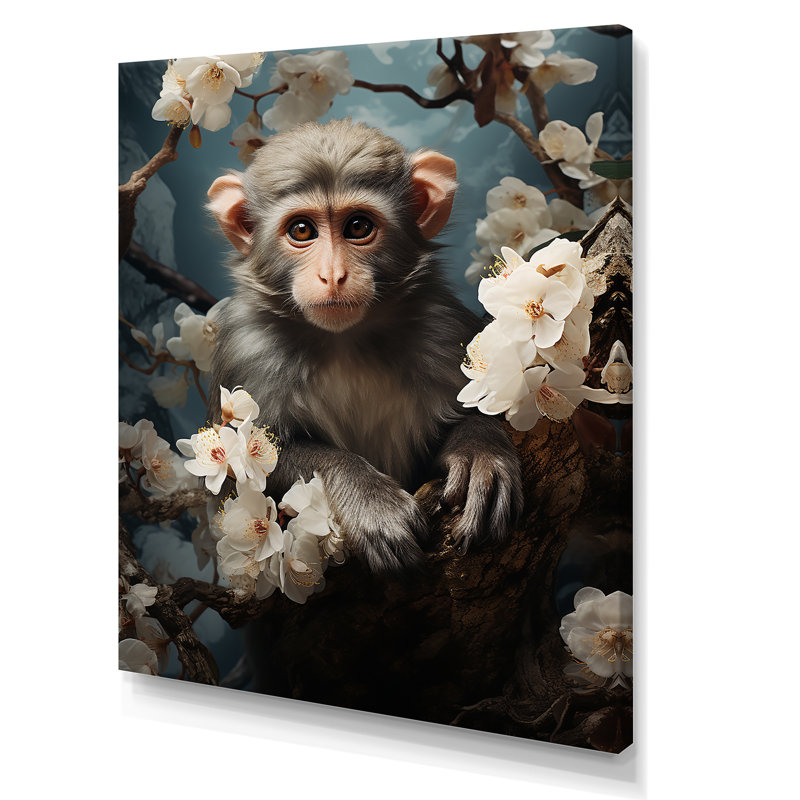 Grey Springtime Floral Monkey Palette - Monkey Animal Wall Art, Wrapped Canvas, 40" H x 30" W x 1.5" D