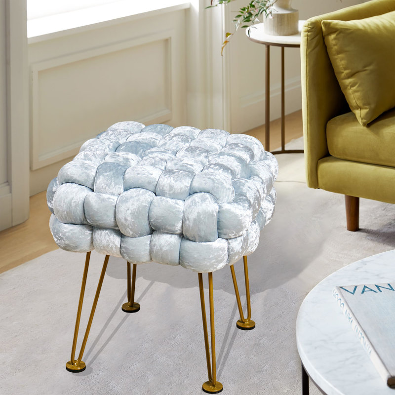 Light Blue Crushed Velvet Square Pouf Ottoman with Gold Legs