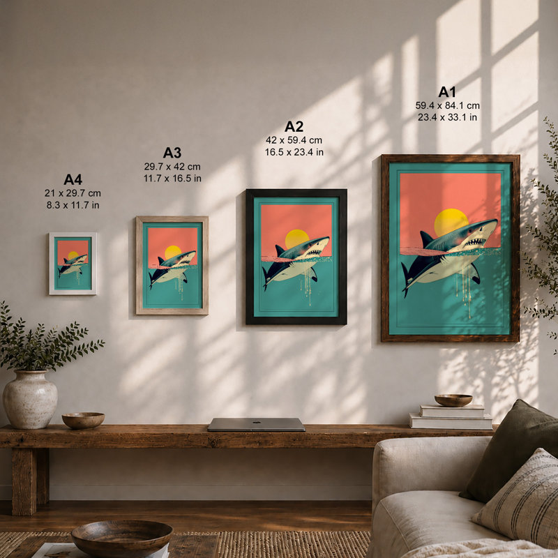 Shark At Sunrise Art Deco - Print, Unframed, A4 - 29.7 x 21.0 cm