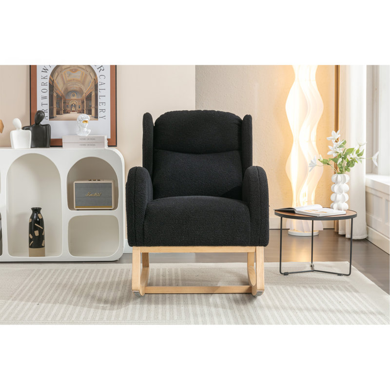 Teddy Fabric Leisure Rocking Chair With Wing Back, Nursery Rocking Chair With Larger Seat,Thickened Headrest And High Backrest, Storage Pocket On The Right Side,The Base Rocker Is Solid Wood,Black