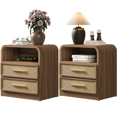 Curved Edge Rattan Drawer Nightstand With  2-Drawer And 1 Open Shelf Storage