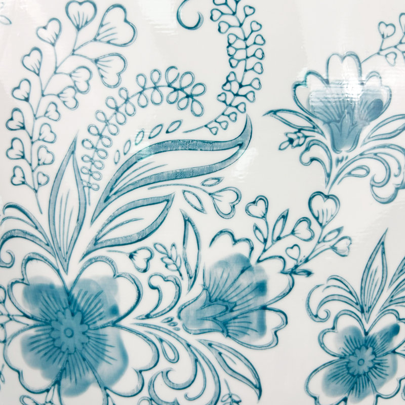 Floral patterned square ceramic stool, Blue