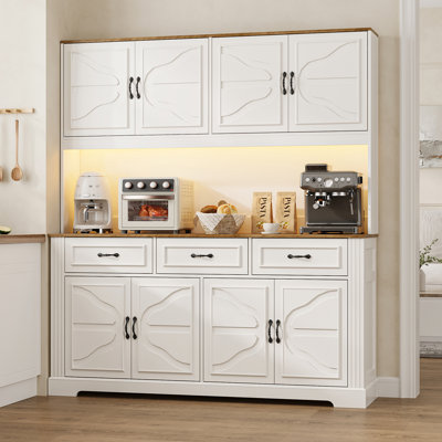 71” Tall Kitchen Pantry Cabinet With Led Lights And Charging Station, 4 Cabinets, 3 Drawers, 4 Adjustable Shelves