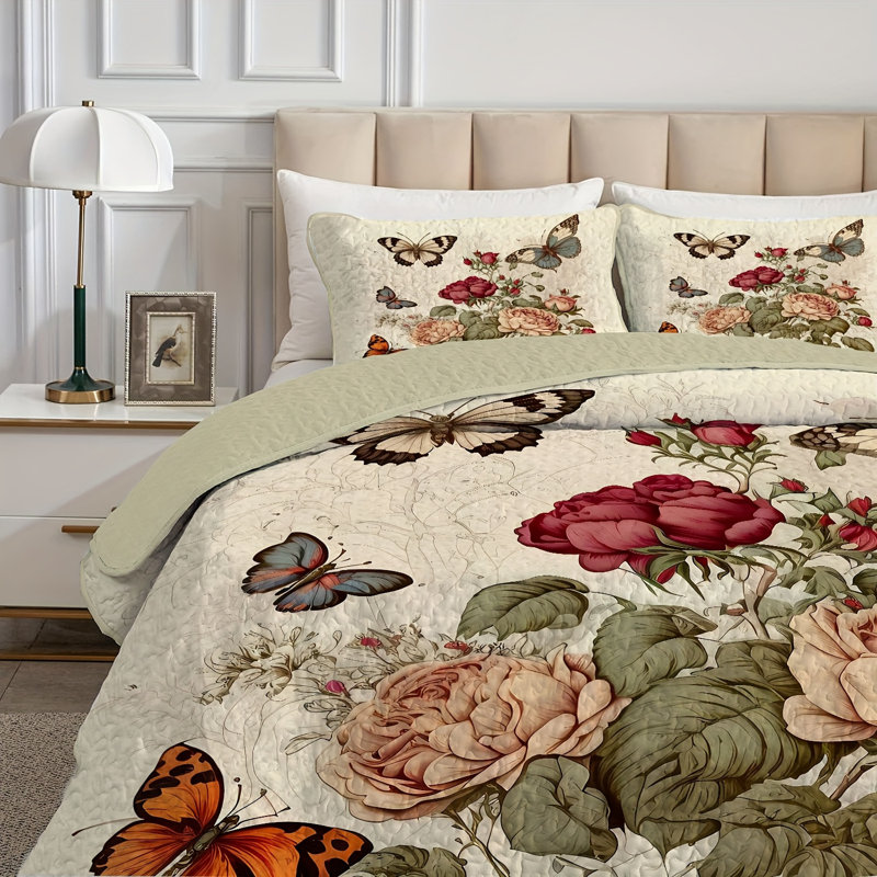 Bedspreads for Queen Size Bed ,3-Piece Floral Queen Quilt Sets, Beige Floral, Queen Quilt + 2 Standard Pillowcases