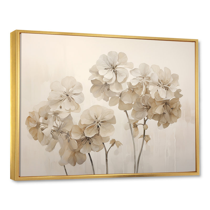 «Minimalisme géraniums beige I» sur toile, H 16 po x l 32 po x P 1 po, Cadre flottant doré
