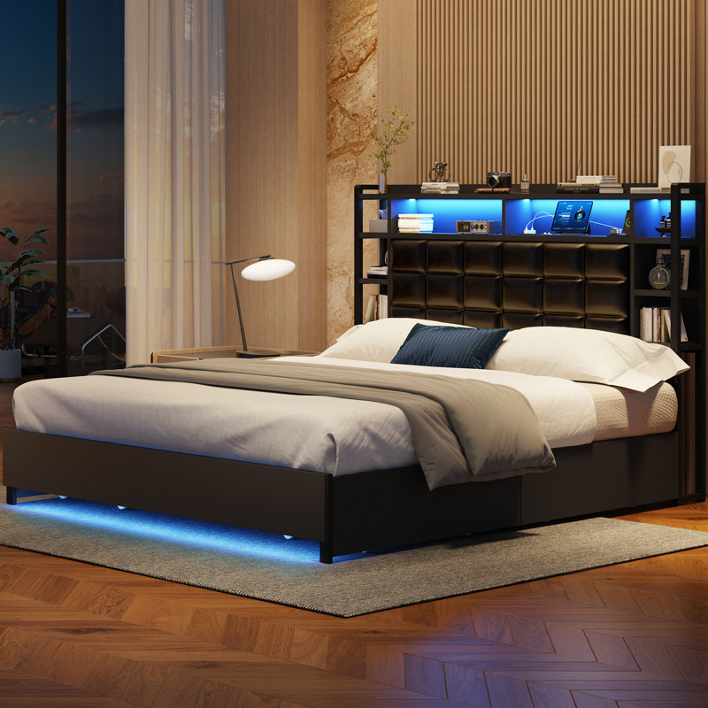 Modern Upholstered Queen Bed, LED Headboard with Charging Station, Quiet Support & Quick Assembly, Black, Queen