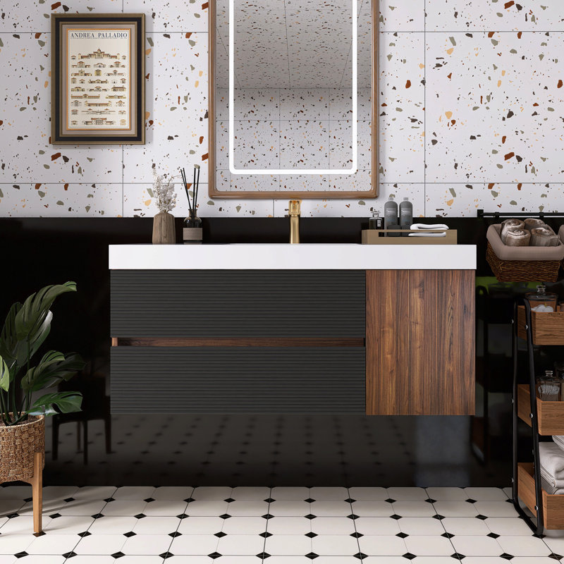 Meuble-lavabo en noyer avec lavabo à surface solide blanc brillant