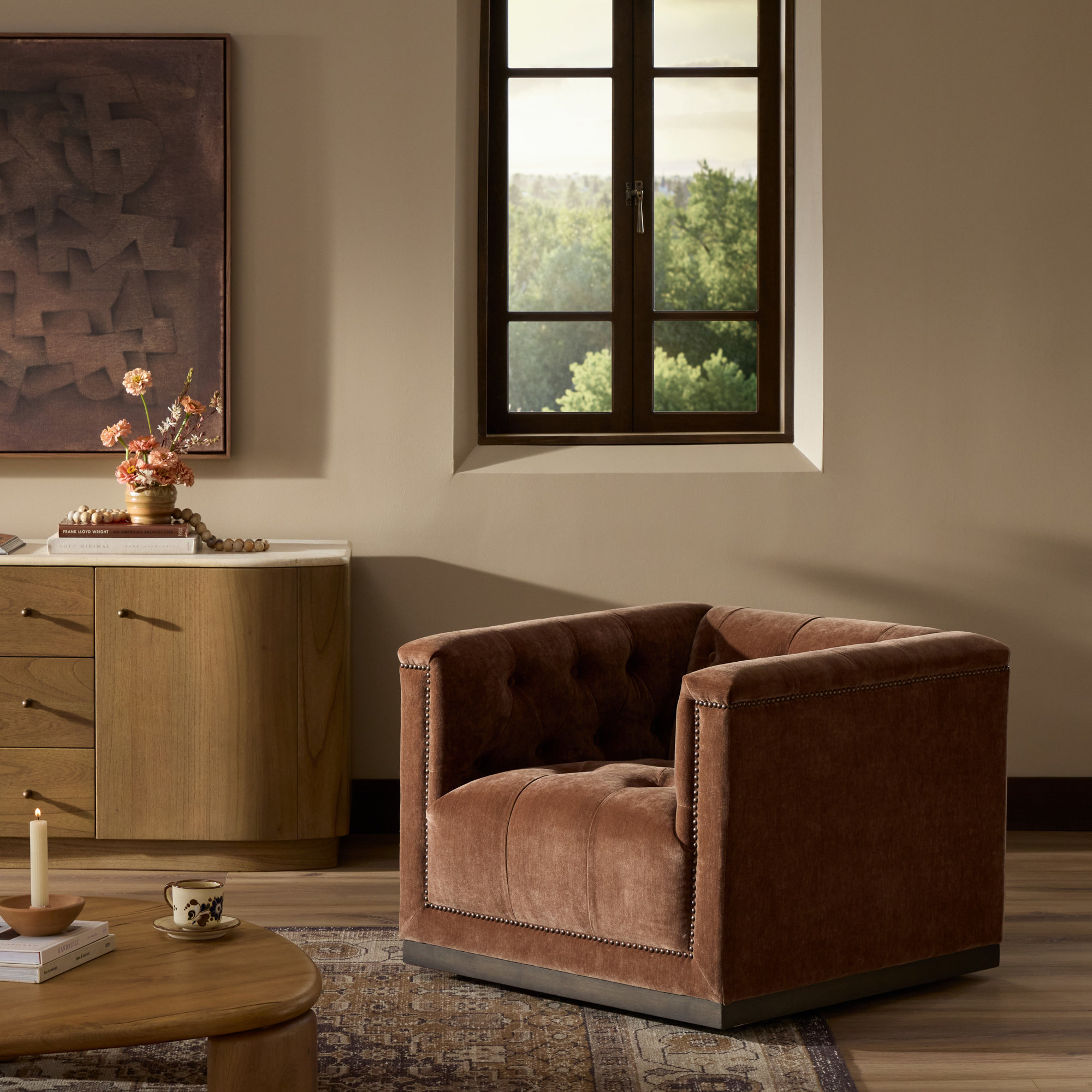 Byer Upholstered Swivel Accent Chair, Amici Tobacco Velvet