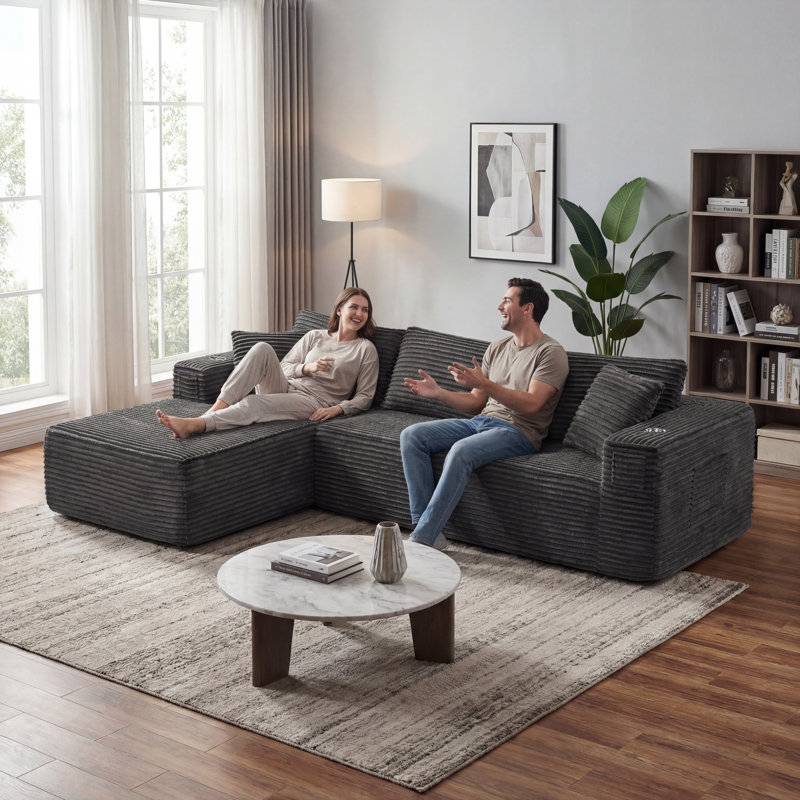 108" Modern L-Shaped Compression Sectional Sofa With Chaise Deep Seat Corduroy Upholstered Couch, Dark Gray Corduroy