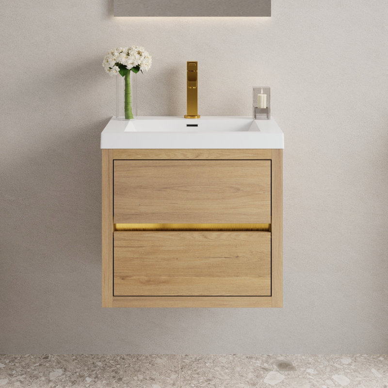 24" Wall-Mounted Bathroom Vanity Floating Single Sink Vanity with Stone Resin Top and Basin, 2 Soft Close Drawers, Natural