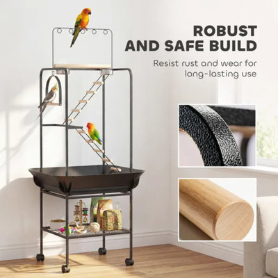 64"h Rolling Parrot Playground Stand, Bird Perch With Seed Guard, Wheels, Ladders, Swing, Toy Hook & Feeding Bowls