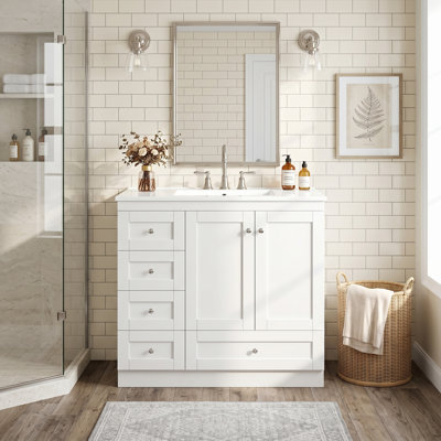 36 Inch Shaker Style Bathroom Vanity with Ceramic Sink, Freestanding Vanity Cabinet with Soft-Close Drawers and Doors, White Bathroom Storage Cabinet