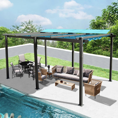 11 X 16 Ft Outdoor Living Pergola - Lake Blue. Strong Aluminum Build. Canopy. Retractable For Optimal Sun Shade. Easy Assembly Steps. Perfect Courtyard, Lawn, Pool. In Blue Rust- Frame. Protection.