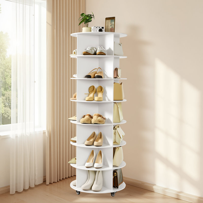 7 Tiers Rotating Shoe Rack Tower with Wheels, Movable 360° Spinning Carousel Display, Lazy Susan Organizer Closet Shelf for Living Room, Entryway, White
