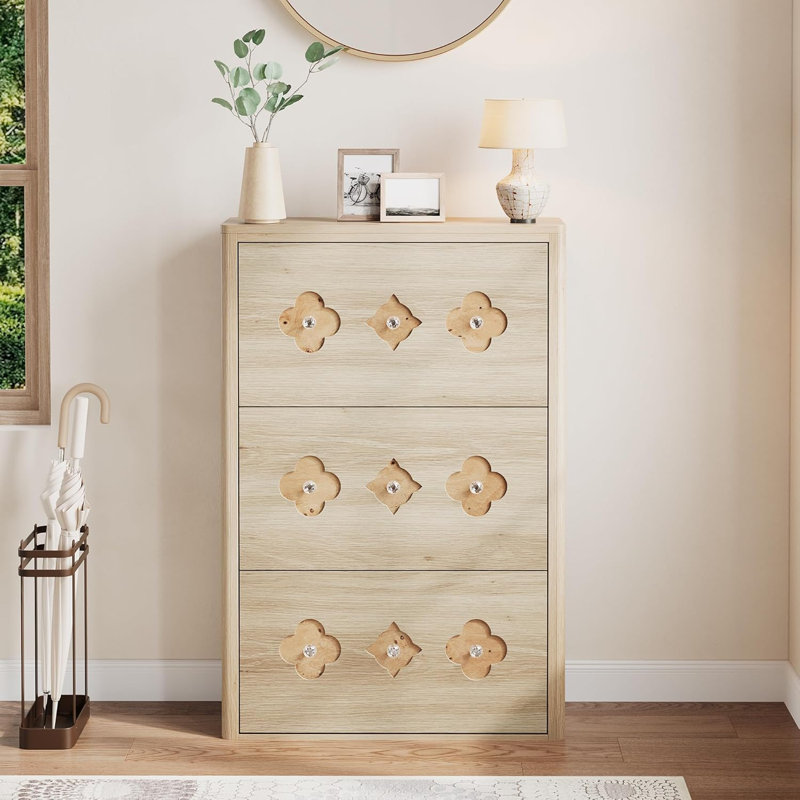Shoe Cabinet with Flip Drawers, Slim Freestanding Shoe Rack Cabinet, Flower Pattern & Diamond-Shaped Handles, Natural, 3