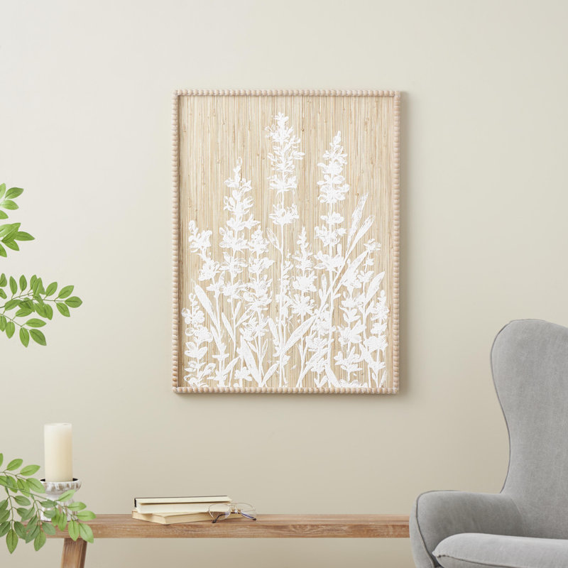 Wood Textured Floral Cream Wall Decor with White Painted Accents and Beaded Frame