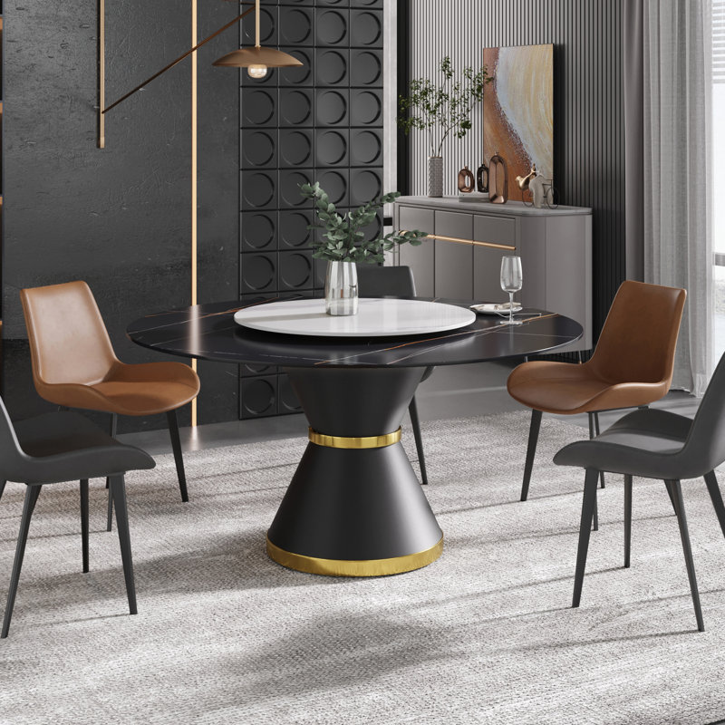 Ryding Modern Round Sintered Stone Dining Table with Rotating Tray, Black/White, 29.5" H x 59" L x 59" W