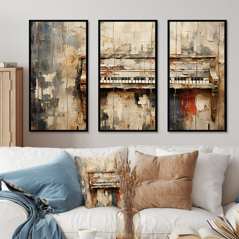 Rustic Brown Piano Melody I - Piano, art mural, H 28 po x l 36 po, Cadre flottant noir