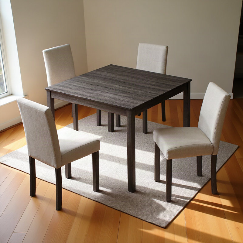 Ensemble de salle à manger 5 pièces pour 4 personnes, table de cuisine carrée de 99 cm avec 4 chaises en tissu, ensemble repas compact et peu encombrant, idéal pour les petits espaces en appartement, noir antique et beige
