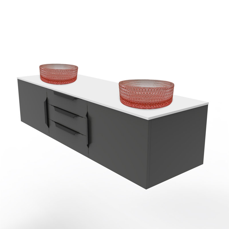 Wildsee 60" Floating Single Bathroom White Vanity Set With Silver Tempered Glass Vessel Sink, Black, Pink