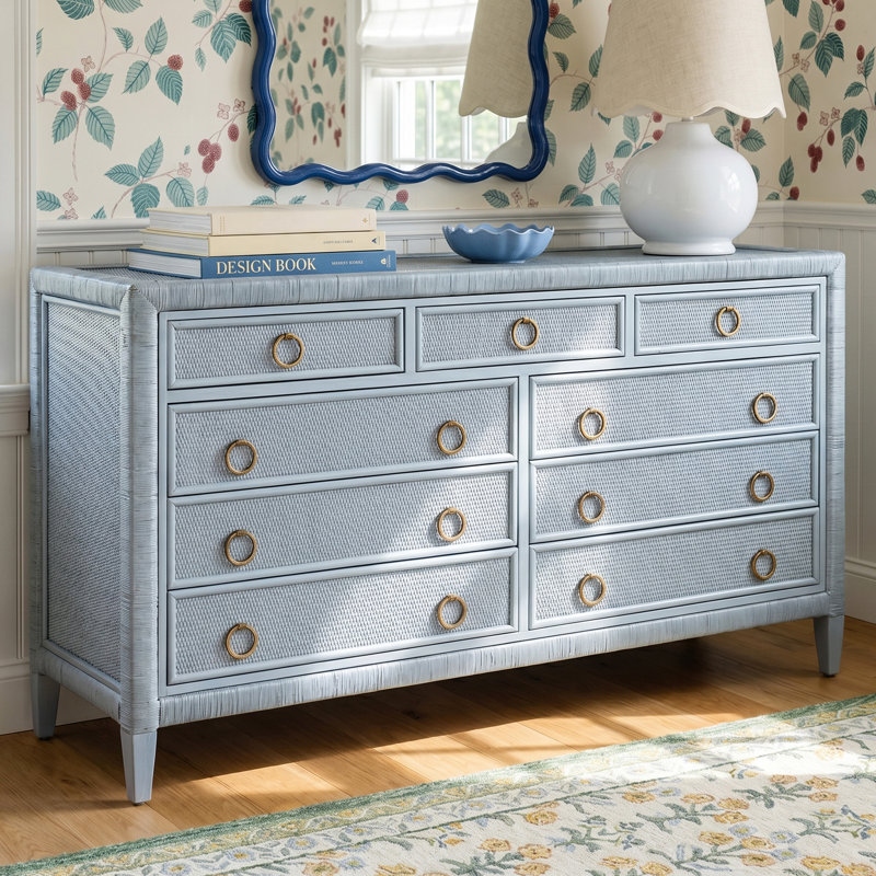 Warwick 9 Drawer Wicker Dresser, Satin Brass, Hazel