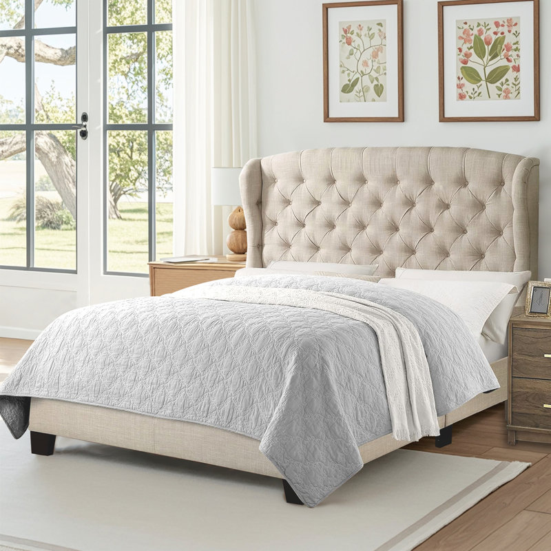 Lit tapissier en tissu, base de lit à hauteur réglable capitonnée, Beige, Grand