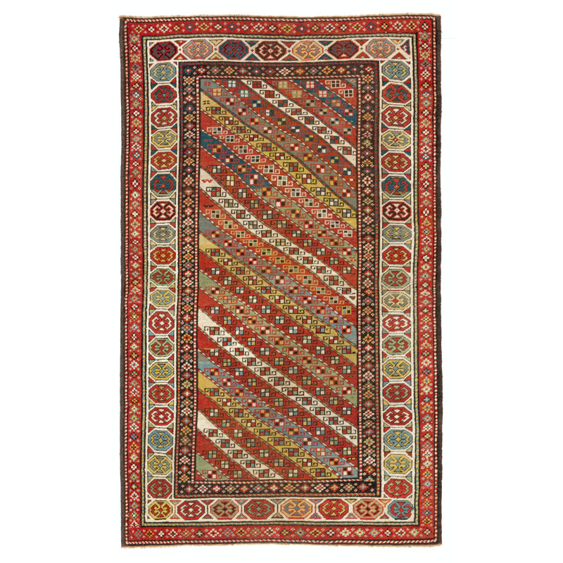 Tapis antique de race blanche Gendje à rayures diagonales colorées, vers 1875