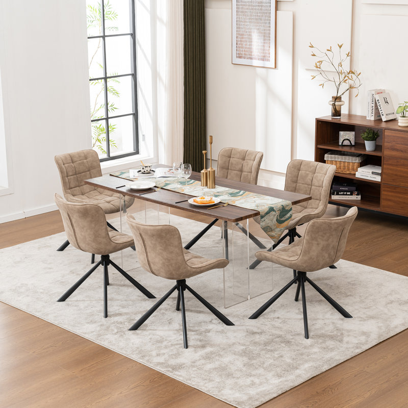 Tufted Swivel Leather Upholstered Side Chairs Modern Dining Chairs with Metal Legs, Beige