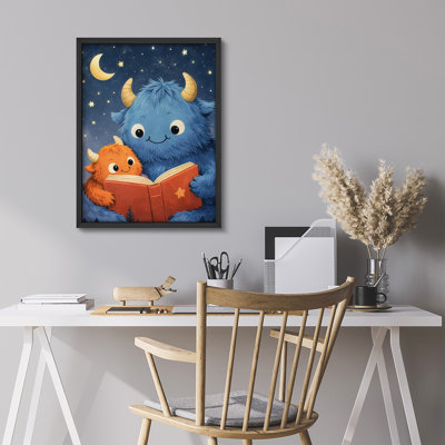 Cute Monster Reading Book Framed Wall Art Prints - Playful Kids for Nursery Playroom