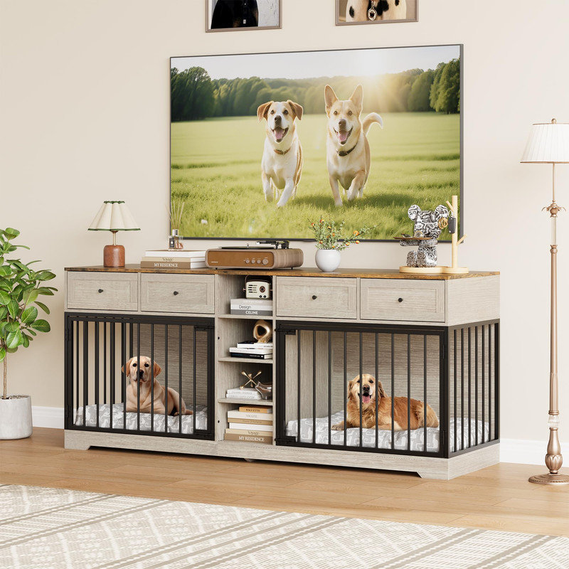 Meuble pour chien 82 po avec 2 tiroirs et tablettes, blanc délavé