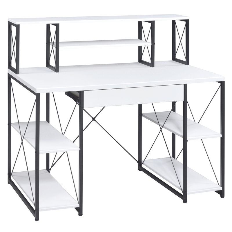 Bureau avec tablettes ouvertes et huche, Blanc
