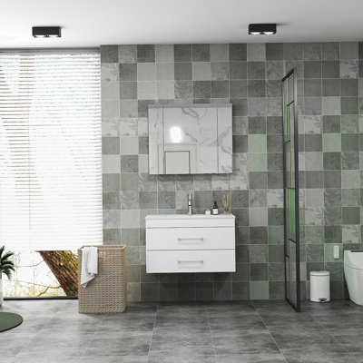 Meuble-lavabo mural avec tiroirs doubles et système de fermeture en douceur, lavabo en céramique pour créer un espace de salle de bain moderne et minimaliste
