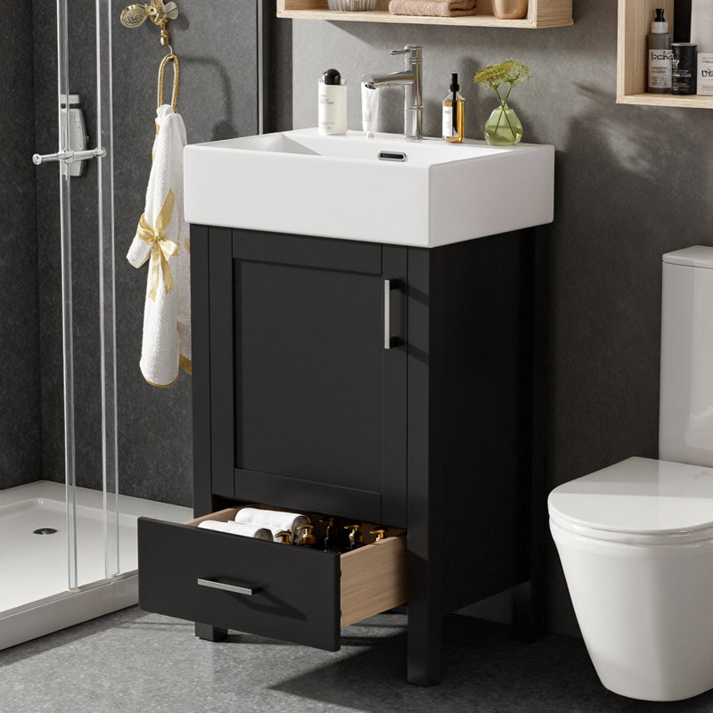 Meuble-lavabo moderne noir avec lavabo et tiroir en céramique - 20,28 po de largeur, peu encombrant pour les petites salles de bain